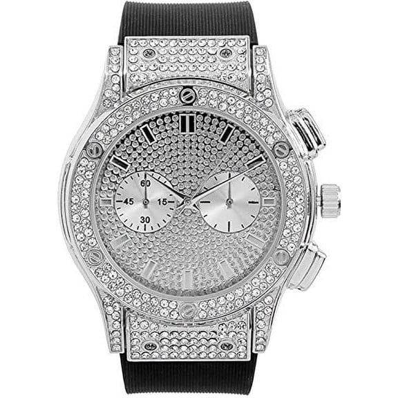 Charles Raymond Big Bling Watch Inspired by Hip Hop - Mens Iced Out Timepiece - Faux Chrono Eyes - Diamond Rhinestones on Blast - ST10311 (Silver Rubber)