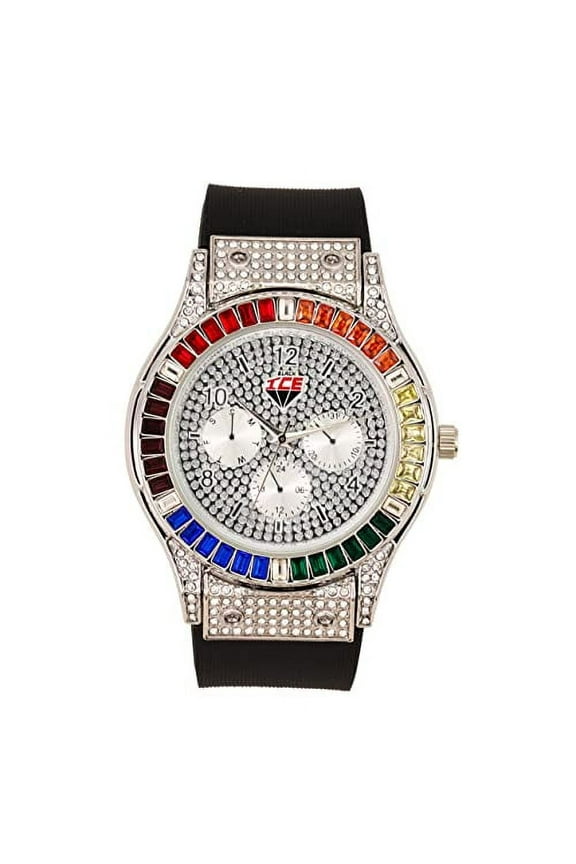 Big Bling Watch Inspired by Hip Hop - Mens Iced Out Timepiece - Faux Chrono Eyes - Diamond Rainbow Rhinestones on Blast - ST10311 (ST10380 Rainbow Silver)