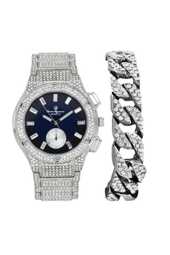 Big Bling Watch Inspired by Hip Hop - Men's Iced Out Timepiece- Diamond Rhinestones on Blast - ST10311 MB SLV Blue -C