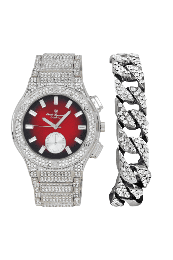 Big Bling Watch Inspired by Hip Hop - Men's Iced Out Timepiece- Diamond Rhinestones on Blast - ST10311 MB SLV Red -C