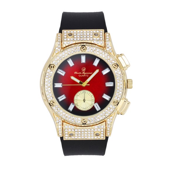 Charles Raymond Big Bling Watch Inspired by Hip Hop - Men's Iced Out Timepiece- Diamond Rhinestones on Blast - ST10311 SB GLD Red