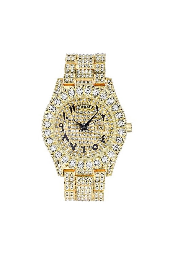 Big Rocks Fully Iced Out Diamond Mens Watch w/Easy Read Date &Day and Colorful Dials- Designer Hip Hop Blinged Out Timepiece - ST10535 (ST10535-AN Gold)