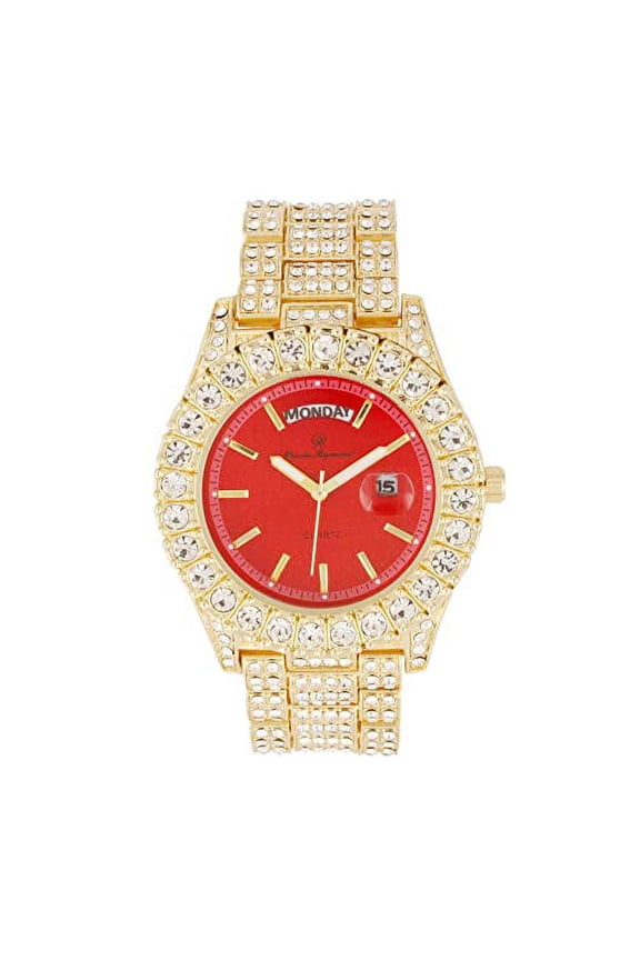 Big Rocks Fully Iced Out Diamond Mens Watch w/Easy Read Date &Day and Colorful Dials- Designer Hip Hop Blinged Out Timepiece - ST10535 (ST10535-LN Gold/Red)