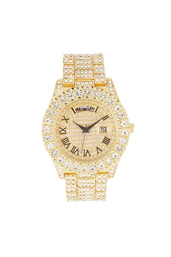 Big Rocks Fully Iced Out Diamond Mens Watch w/Easy Read Date &Day and Colorful Dials- Designer Hip Hop Blinged Out Timepiece - ST10535 (ST10535-RN Gold)