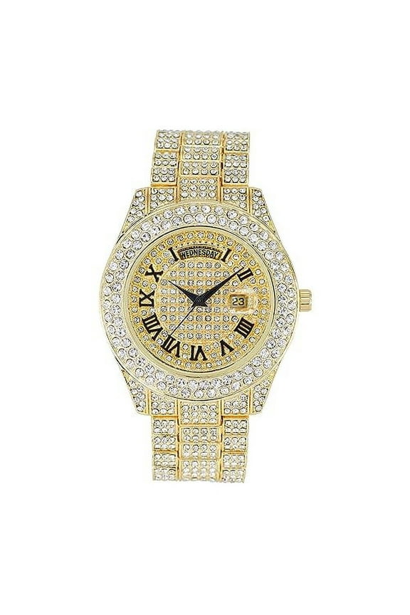 Big Rocks Fully Iced Out Diamond Mens Watch w/Easy Read Date &Day and Colorful Dials- Designer Hip Hop Blinged Out Timepiece - ST10535 (ST10536-RN Gold)