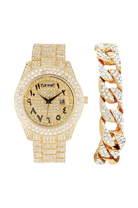 Big Rocks Fully Iced Out Diamond Mens Watch w/Easy Read Date & Day - Designer Hip Hop Blinged Out Timepiece - ST10535 (ST10536-AN Gold -C)