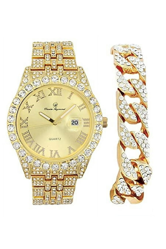 Big Rocks w/Roman Numerals Fully Iced Out Mens Watch w/Easy Read Date and Colorful Dials- Designer Hip Hop Blinged Out Timepiece - ST0226RND Cuban Gold Gold