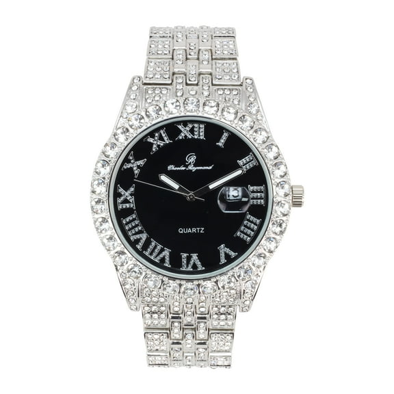 Charles Raymond Big Rocks w/Roman Numerals Fully Iced Out Mens Watch w/Easy Read Date and Colorful Dials- Designer Hip Hop Blinged Out Timepiece -ST0226RND SLV BLK