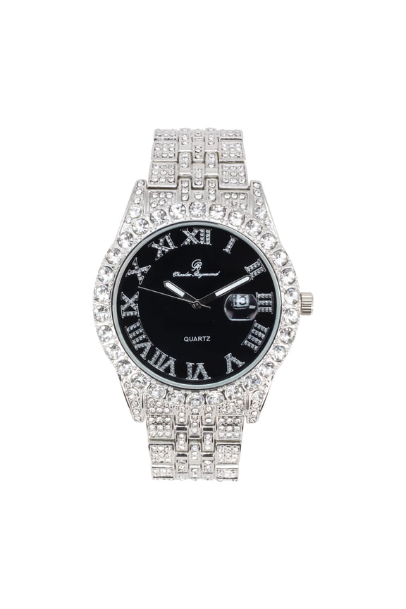 Big Rocks w/Roman Numerals Fully Iced Out Mens Watch w/Easy Read Date and Colorful Dials- Designer Hip Hop Blinged Out Timepiece -ST0226RND SLV BLK