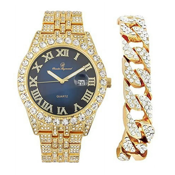 Charles Raymond Big Rocks w/Roman Numerals Fully Iced Out Mens Watch w/Easy Read Date and Colorful Dials- Designer Hip Hop Blinged Out Timepiece - ST0226RND Cuban Gold Navy
