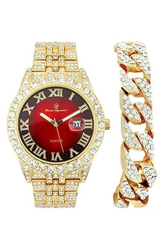 Big Rocks w/Roman Numerals Fully Iced Out Mens Watch w/Easy Read Date and Colorful Dials- Designer Hip Hop Blinged Out Timepiece - ST10226RND Cuban Gold RED
