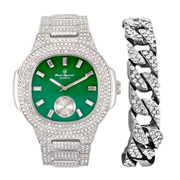 Charles Raymond Bigger is Better Oversized or Baguette Diamonds for The Luxurious Blinged Out Oblong Metal Mens Wristwatch w/Cuban Bracelet- ST10316CE Cuban (ST10235VO Silver Money Green)