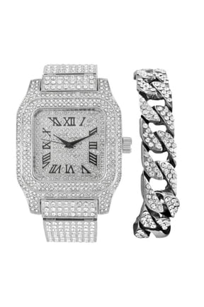 Bling-ed Out Biggie Square Hip Hop Iced Out Watch You Will Hypnotize in a Crystal Watch - 0513Sq (Silver Black R# Cuban)