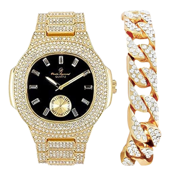 Charles Raymond Bling-ed Out Bracelet with Oblong Iced Look Hip Hop Watch - 8475BC Cuban (ST10235 VO GLD BLK- Cuban)