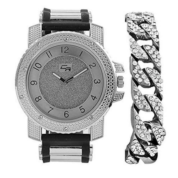 Charles Raymond Bling-ed Out Hip Hop Rubber Bullet Band Mens Watch and Iced Cuban Bracelet - RWC2021 (GJM Blk SLV SLV with Cuban)