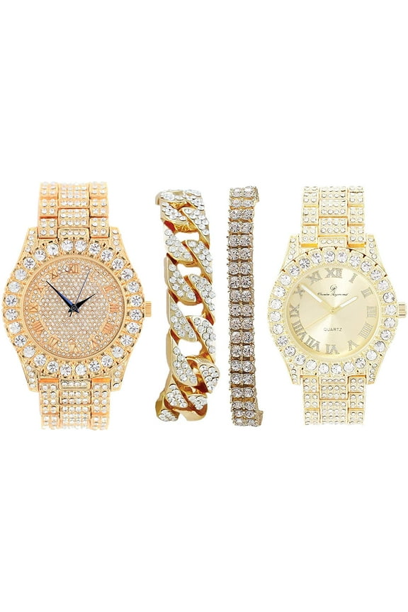 Bling'ed Out King and Queen Hip Hop Iced-out WristWatch Set Perfect for Power Couples to Flaunt On and Off The Dance Floor - ST10237 His and Hers