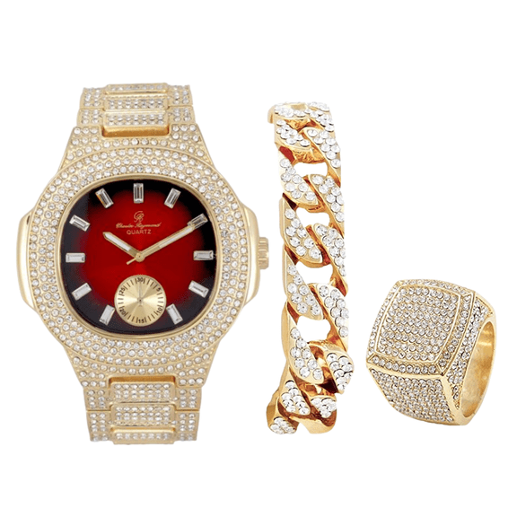 Charles Raymond Bling-ed Out Oblong Case Mens PP Look Watch with Matching Bling-ed Out Cuban Bracelet and King Ring Set - (10, ST10235 VO GLD RED)
