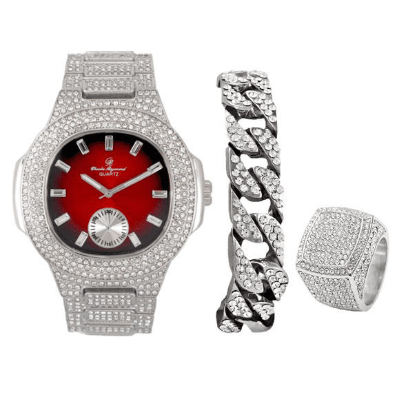 Charles Raymond Bling-ed Out Oblong Case Mens PP Look Watch with Matching Bling-ed Out Cuban Bracelet and King Ring Set - (10, ST10235 VO SLV RED)