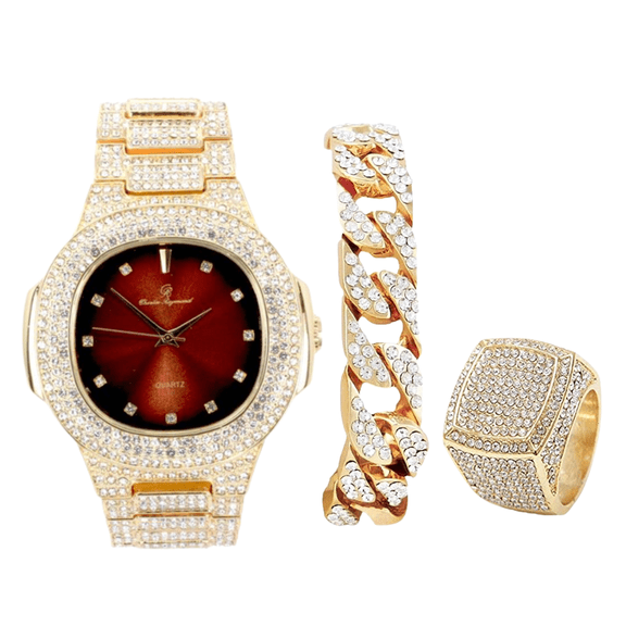 Charles Raymond Bling-ed Out Oblong Case Mens PP Look Watch with Matching Bling-ed Out Cuban Bracelet and King Ring Set - (11, ST10235 DX GLD BROWN)