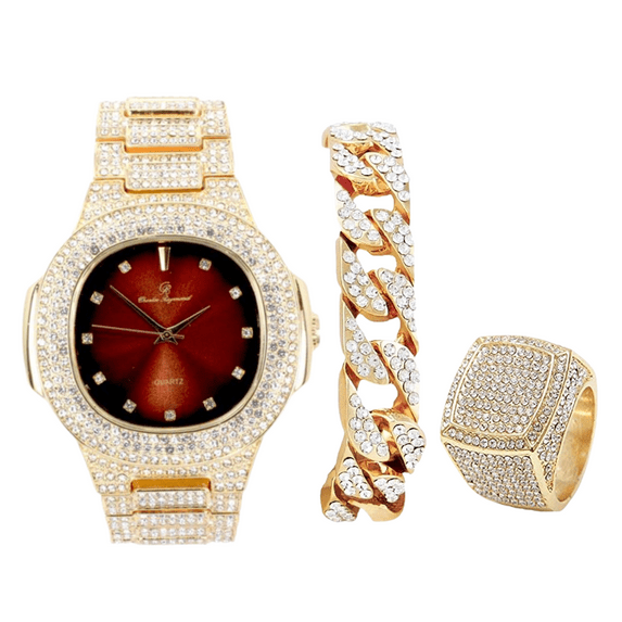 Charles Raymond Bling-ed Out Oblong Case Mens PP Look Watch with Matching Bling-ed Out Cuban Bracelet and King Ring Set - (11, ST10235 DX GLD BROWN)
