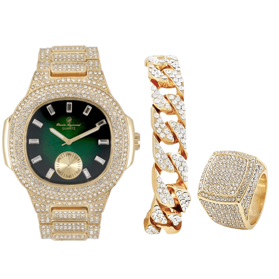 Charles Raymond Bling-ed Out Oblong Case Mens PP Look Watch with Matching Bling-ed Out Cuban Bracelet and King Ring Set - (11, ST10235 VO GLD GRN)