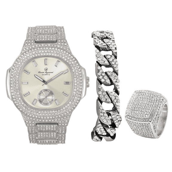 Charles Raymond Bling-ed Out Oblong Case Mens PP Look Watch with Matching Bling-ed Out Cuban Bracelet and King Ring Set - (11, ST10235 VO Shiny SLV)