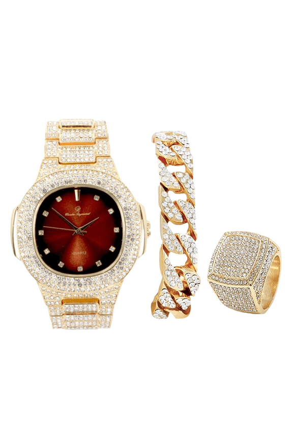 Bling-ed Out Oblong Case Mens PP Look Watch with Matching Bling-ed Out Cuban Bracelet and King Ring Set - (8, ST10235 DX GLD BROWN)