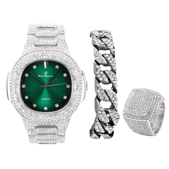 Charles Raymond Bling-ed Out Oblong Case Mens PP Look Watch with Matching Bling-ed Out Cuban Bracelet and King Ring Set - (8, ST10235 DX SLV GRN)