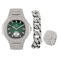 thumbnail image 1 of Charles Raymond Bling-ed Out Oblong Case Mens PP Look Watch with Matching Bling-ed Out Cuban Bracelet and King Ring Set - (8, ST10235 VO SLV GRN), 1 of 8