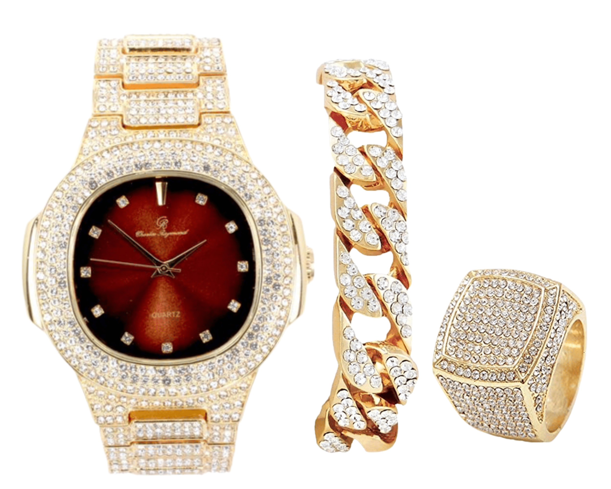 CHARLES RAYMOND Bling-ed Out Oblong Case Mens PP Look Watch with Matching Bling-ed Out Cuban Bracelet and King Ring Set - (9, ST10235 DX GLD BROWN)