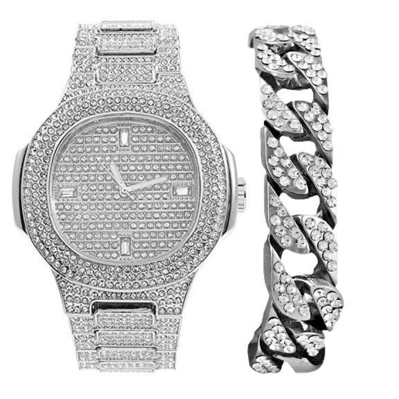 Charles Raymond Bling-ed Out Oblong Metal Mens Color on Blast Watch - 8475Color (8967 SLV Baguette -C)