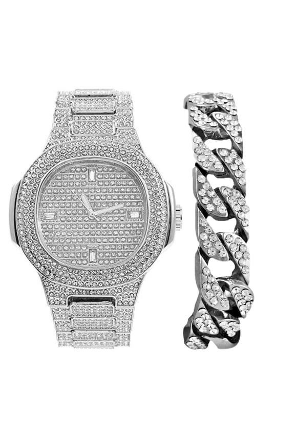 Bling-ed Out Oblong Metal Mens Color on Blast Watch - 8475Color (8967 SLV Baguette -C)