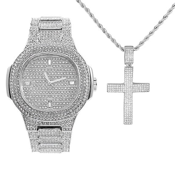 Charles Raymond Bling-ed Out Rapper Favorites - Ice'd Pendant with Gold Necklace and Fully Bling'd Out Luxurious Gold Watch Set - NW2021 (8976 SLV w/Cross)