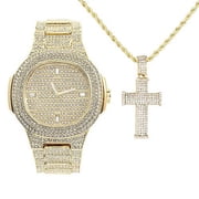 Charles Raymond Bling-ed Out Rapper Favorites - Iced Pendant with Gold Necklace y Blingd Out Luxurious Gold Watch Set - NW2021 8976 Gold w/3D- Cross