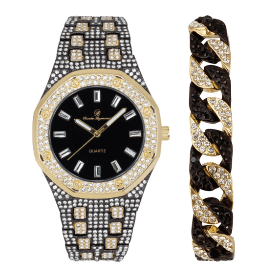 Charles Raymond Bling-ed Out Rapper's Luxury Hip Hop Mens Watch - Stand Out in Your Crew with This Bling Timepiece seen from Miles Away - 10227FAMST10528 TT BLK GLD -C