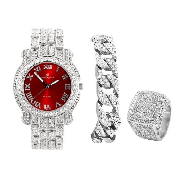 Charles Raymond Bling-ed Out Round Luxury Mens Watch w/Bling-ed Out Cuban Bracelet and Iced King Ring Set - L0504 BR 3pc Set (10,Red-Silver)