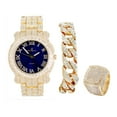 thumbnail image 1 of Charles Raymond Bling-ed Out Round Luxury Mens Watch w/Bling-ed Out Cuban Bracelet and Iced King Ring Set - L0504 BR 3pc Set (12,Blue-Gold), 1 of 6