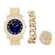 Charles Raymond Bling-ed Out Round Luxury Mens Watch w/Bling-ed Out Cuban Bracelet and Iced King Ring Set - L0504 BR 3pc Set 9,Blue-Gold