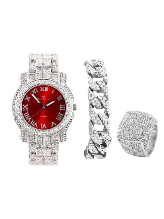 Bling-ed Out Round Luxury Mens Watch w/Bling-ed Out Cuban Bracelet and Iced King Ring Set - L0504 BR 3pc Set (9,Red-Silver)