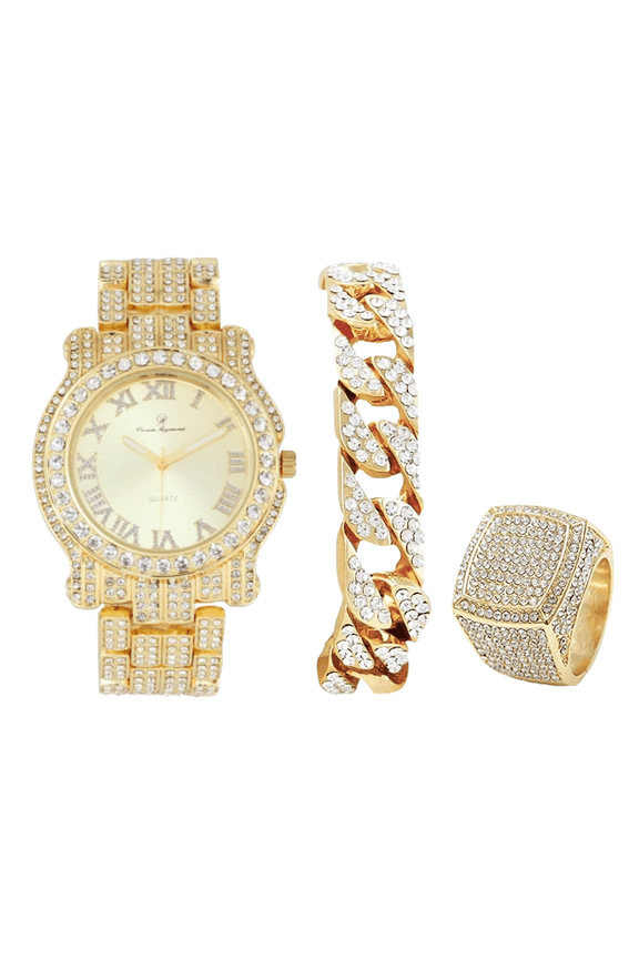Bling-ed Out Round Luxury Mens Watch w/Bling-ed Out Cuban Bracelet and Iced King Ring Set - L0504 BR 3pc Set (Shiny-Gld, 11)