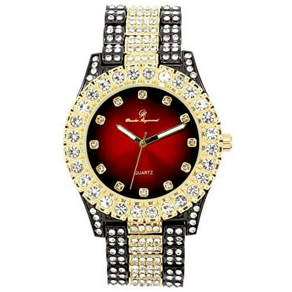 Charles Raymond Bling-ed Out Round Metal Mens Color on Blast Silver Tone Watch with Diamond Time Indicators - Ice on Fire!!! - ST10327DxxS (Color Blood Red Gun Gold)