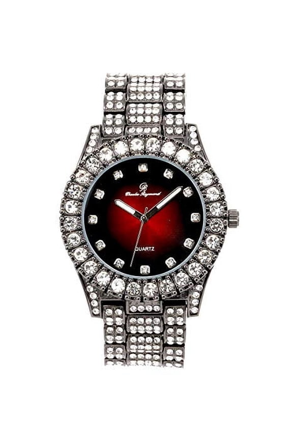 Bling-ed Out Round Metal Mens Color on Blast Silver Tone Watch with Diamond Time Indicators - Ice on Fire!!! - ST10327DxxS (Color Blood Red Gun)