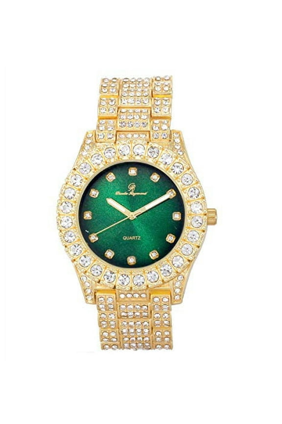 Bling-ed Out Round Metal Mens Color on Blast Silver Tone Watch with Diamond Time Indicators - Ice on Fire!!! - ST10327DxxS (Gold - Green)
