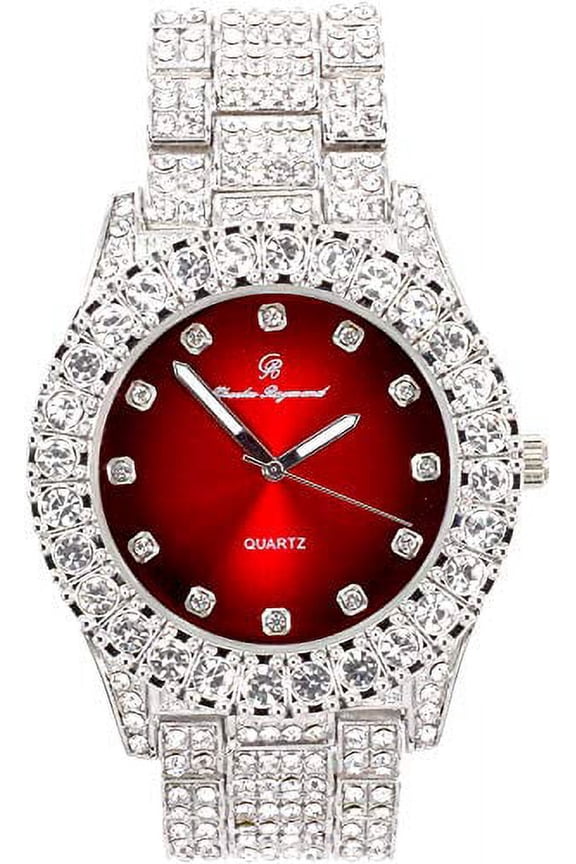 Bling-ed Out Round Metal Mens Color on Blast Silver Tone Watch with Diamond Time Indicators - Ice on Fire!!! - ST10327DxxS (Silver Blood Red)
