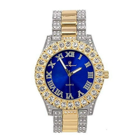 Charles Raymond Bling-ed Out Round Metal Mens Color on Blast Silver Tone Watch with Diamond Time Indicators - Ice on Fire!!! - ST10348 (Two Tone - Blue)