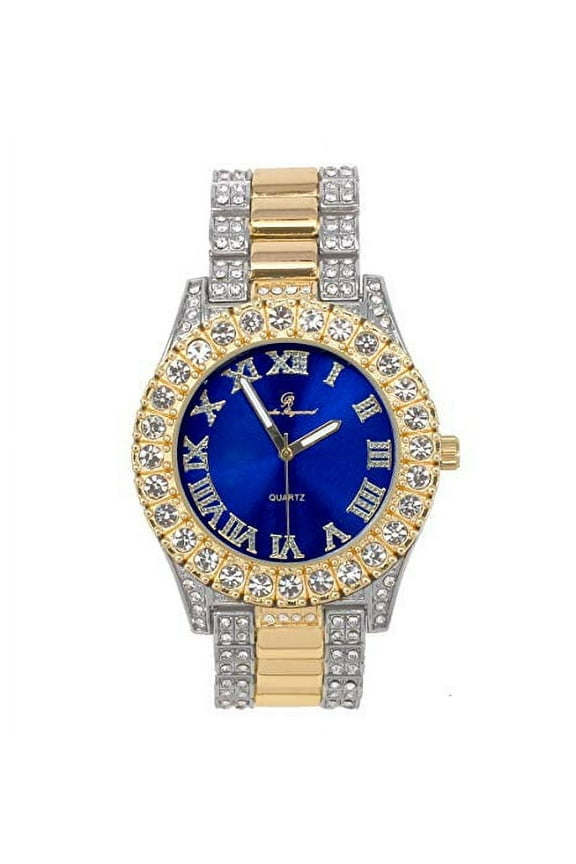 Bling-ed Out Round Metal Mens Color on Blast Silver Tone Watch with Diamond Time Indicators - Ice on Fire!!! - ST10348 (Two Tone - Blue)