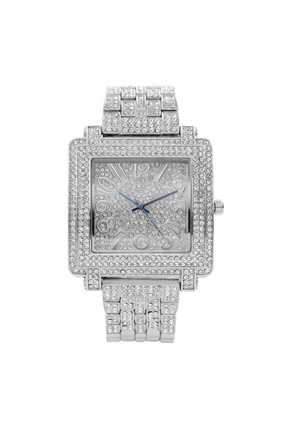 Bling-ed Out Silver Mens Hip Hop Roman Numeral Dial Watch (Silver - ST10246)