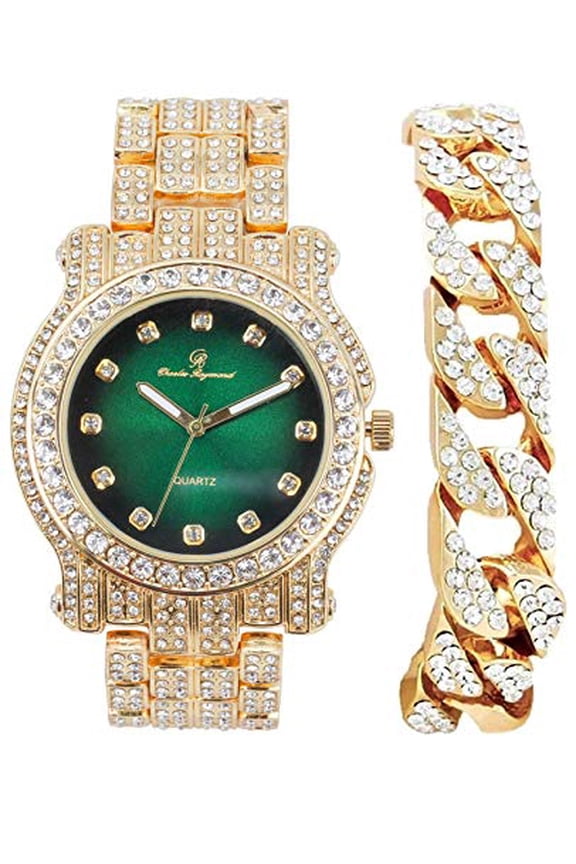 Bling-ed Out Silver Round Luxury Mens Watch w/Bling-ed Out Cuban Bracelet - L0504DXB Cuban (Gold Money Green)