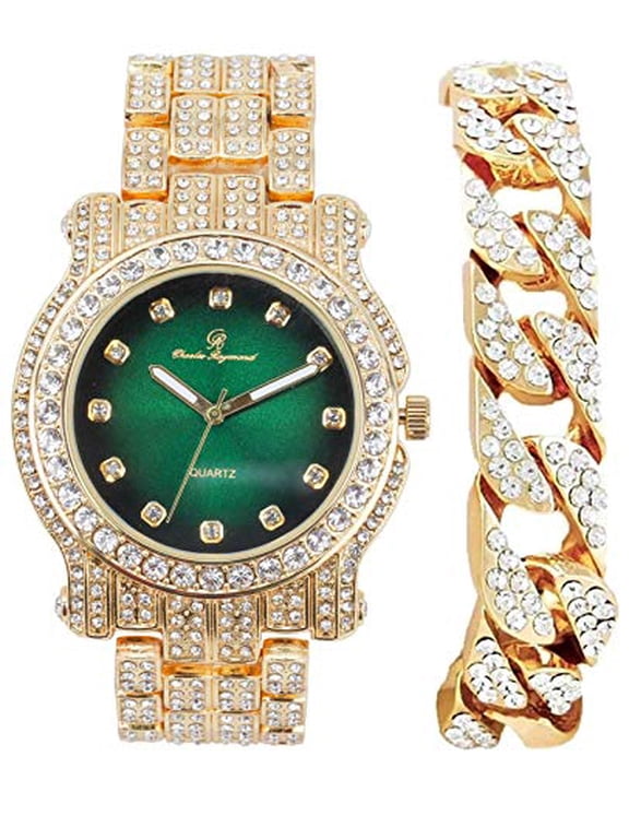 Bling-ed Out Silver Round Luxury Mens Watch w/Bling-ed Out Cuban Bracelet - L0504DXB Cuban (Gold Money Green)