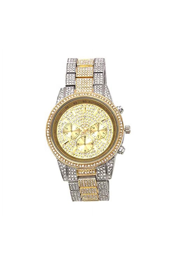 Bling'ed Out Sophisticated Diamond Ritzy Iced Sporty Faux Chrono Decor Luxury Timepiece - ST10514 (Two Tone)